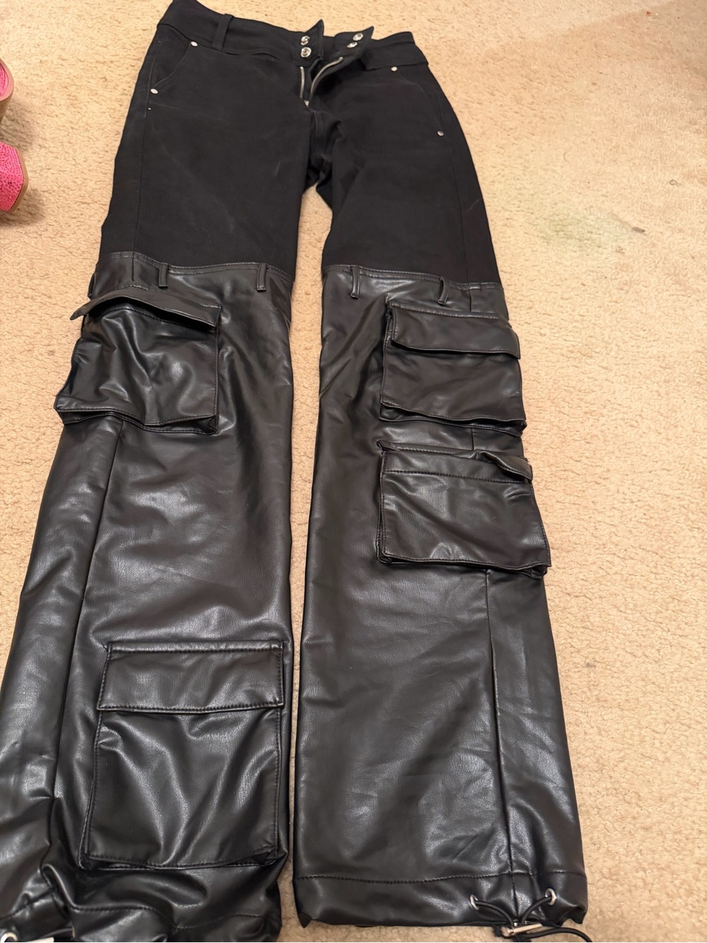 Black Faux Leather Cargo Pants with Multiple Pockets